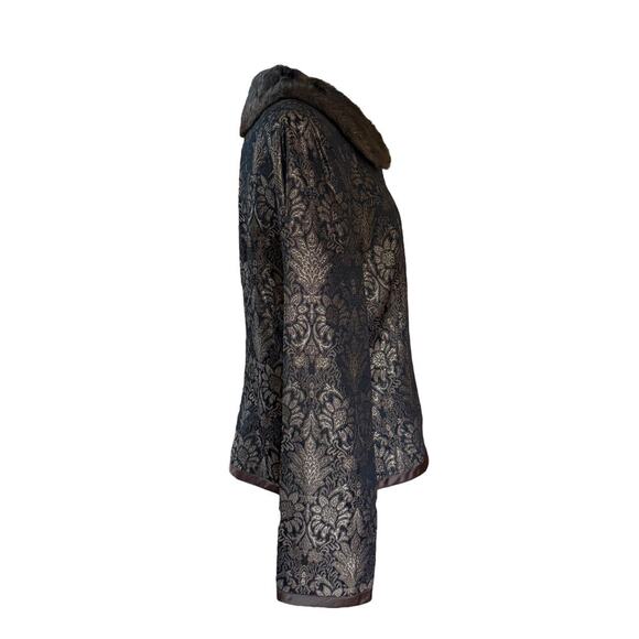 Enrico Baldini Brown Metallic Damask Brocade Jacket with Faux Fur Collar 14 - Picture 3 of 8